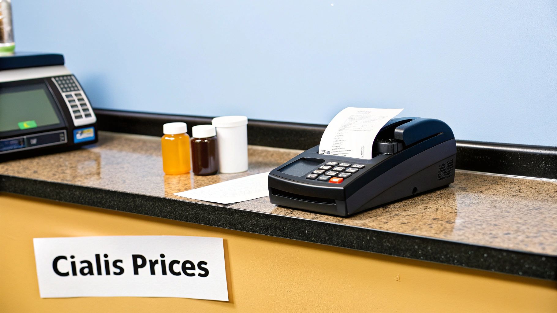 A pharmacy counter showing a drug scale, various medicine bottles, a cash register, and a 'Cialis Prices' sign.