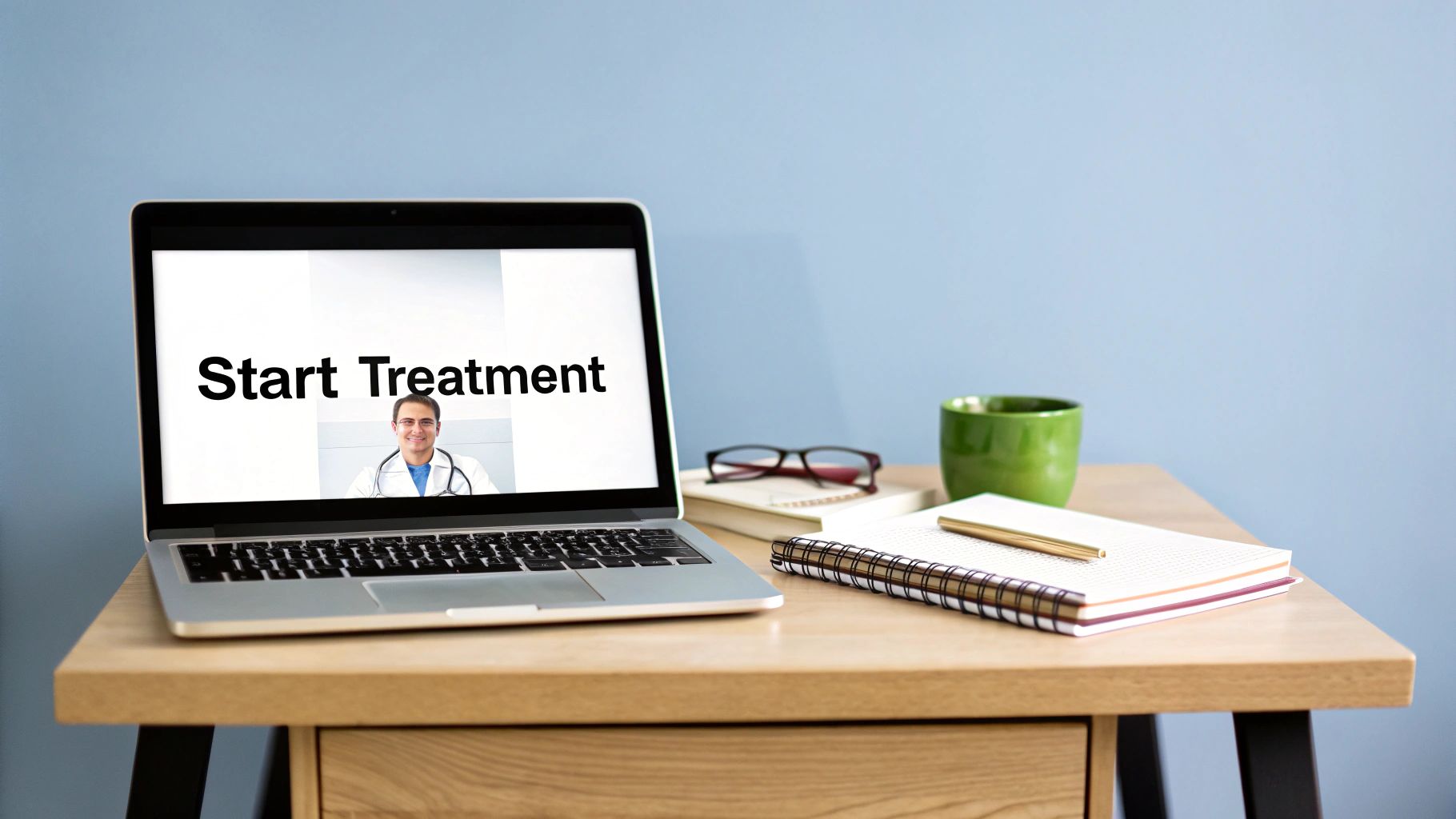 A laptop on a wooden desk displays a male doctor and 'Start Treatment' on screen, with a green mug, glasses, and notebooks nearby.
