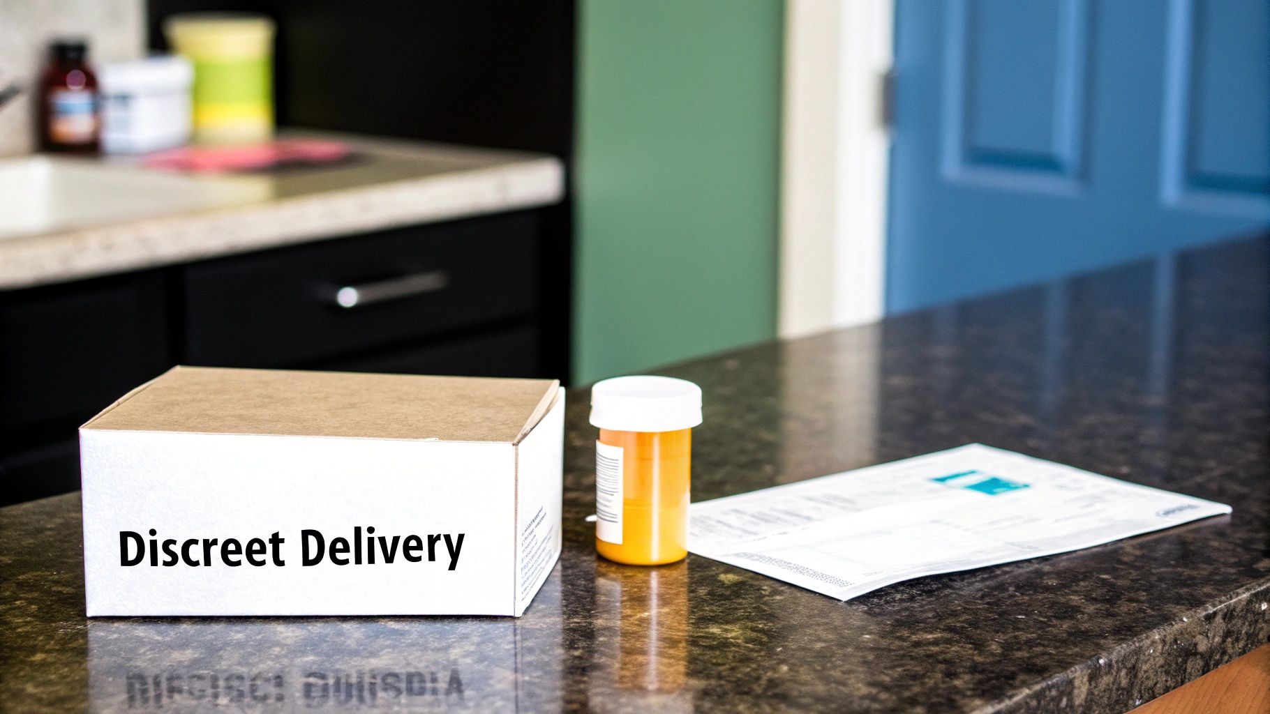 A box labeled "Discreet Delivery" sits on a counter next to a prescription bottle and a document.