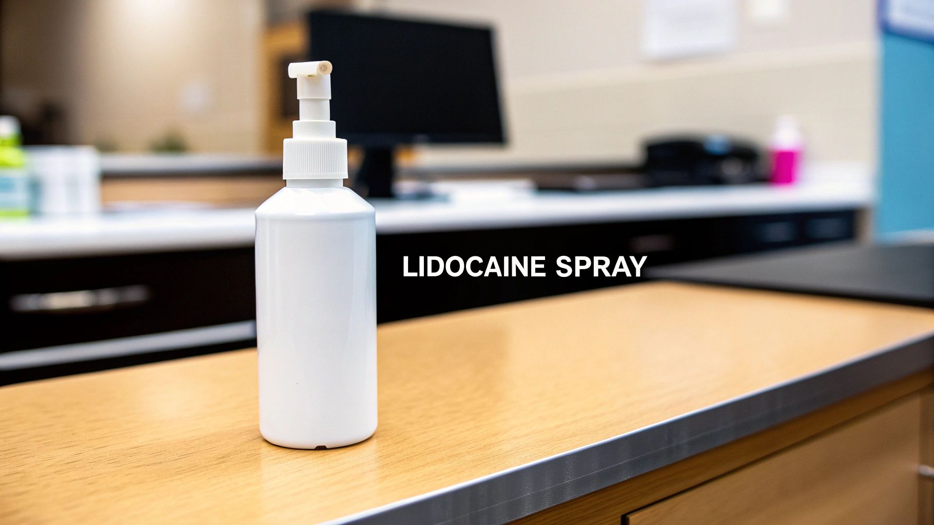 White lidocaine spray bottle with pump dispenser sitting on wooden desk in office setting