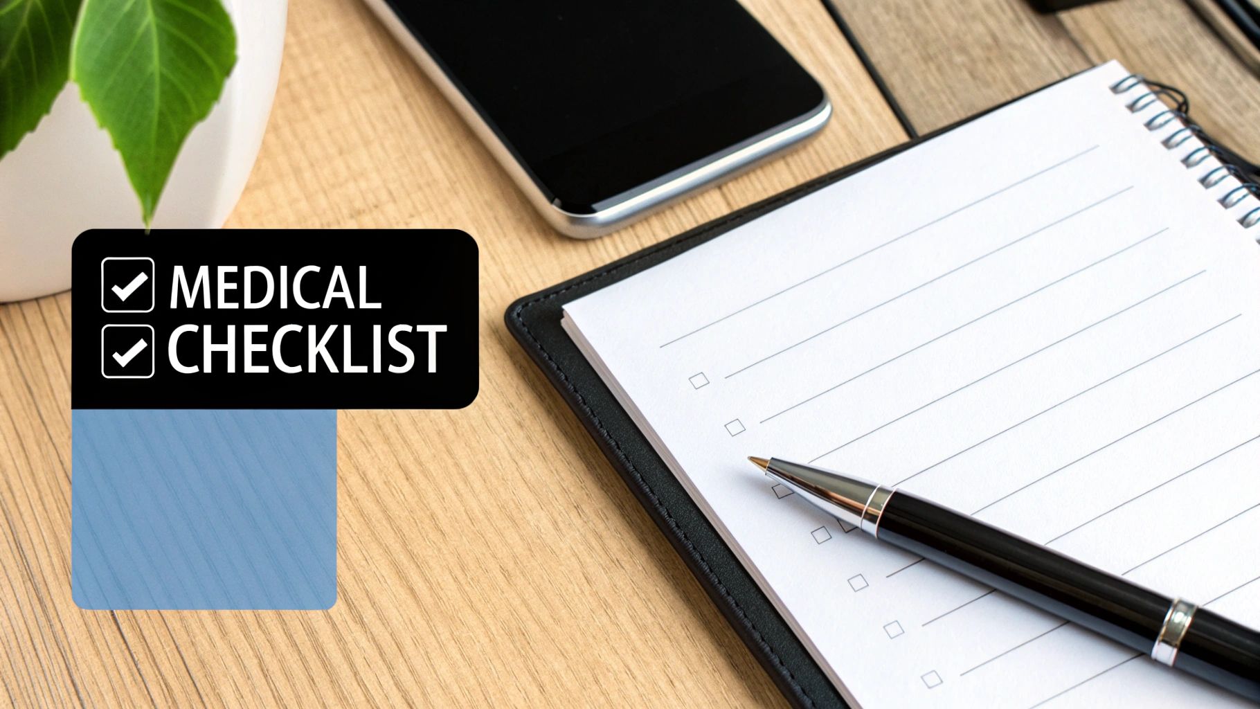 A 'Medical Checklist' sign with checkmarks next to a notebook, pen, and phone on a wooden desk.