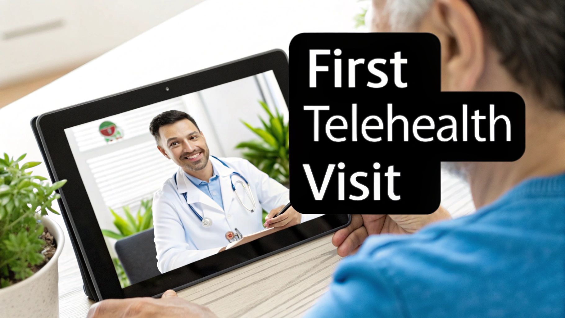 Patient on a tablet having their first telehealth visit with a smiling male doctor.