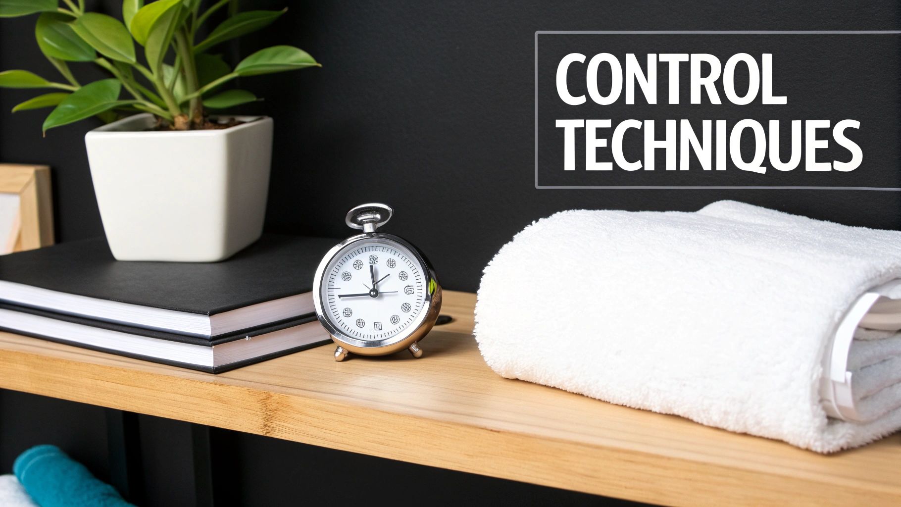 A plant, books, and alarm clock on a wooden shelf next to a white towel. Text: Control Techniques.
