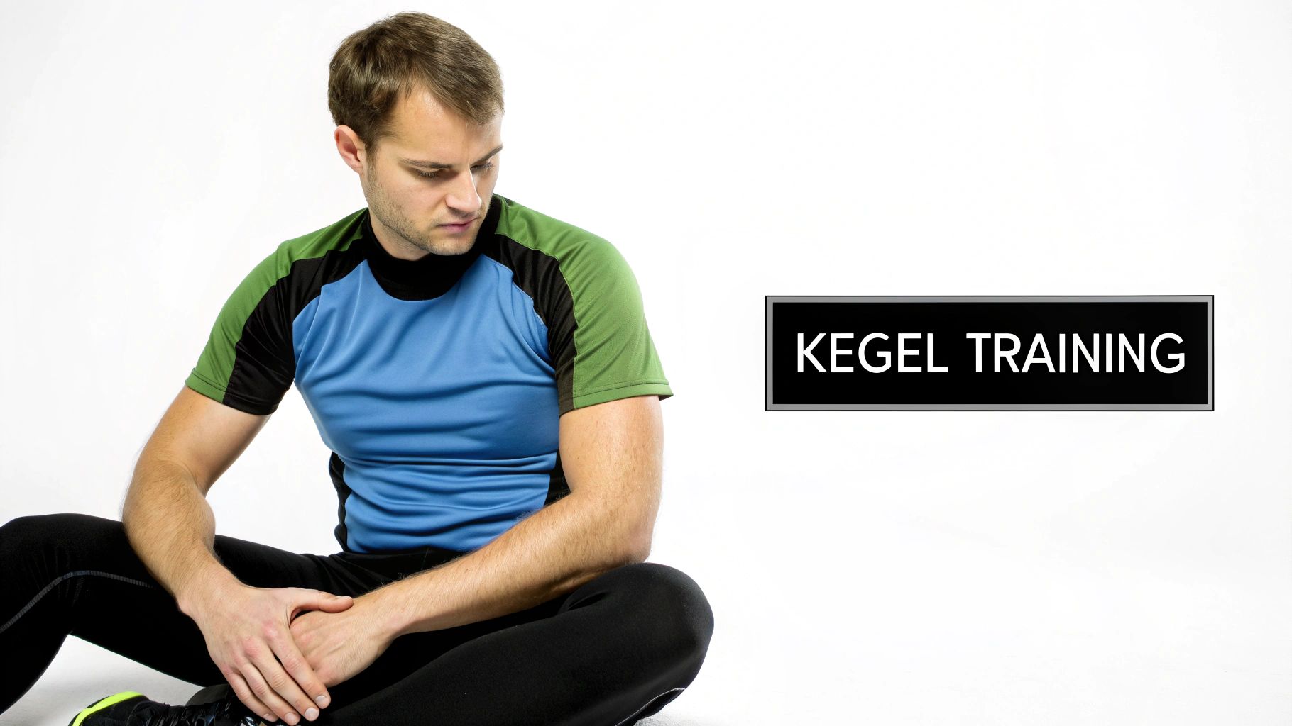 A man in athletic wear sits, looking at the floor, with 'KEGEL TRAINING' text.