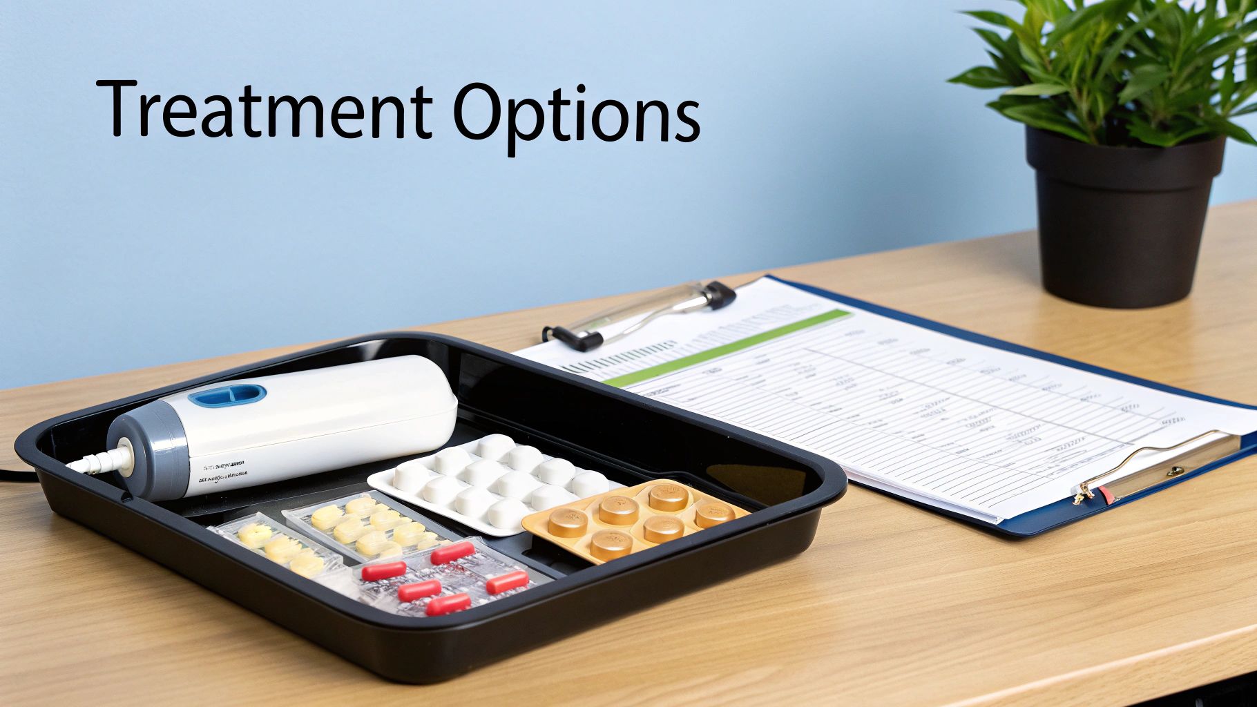 Medical treatment options including pills, inhaler device, and clipboard with prescription forms on desk