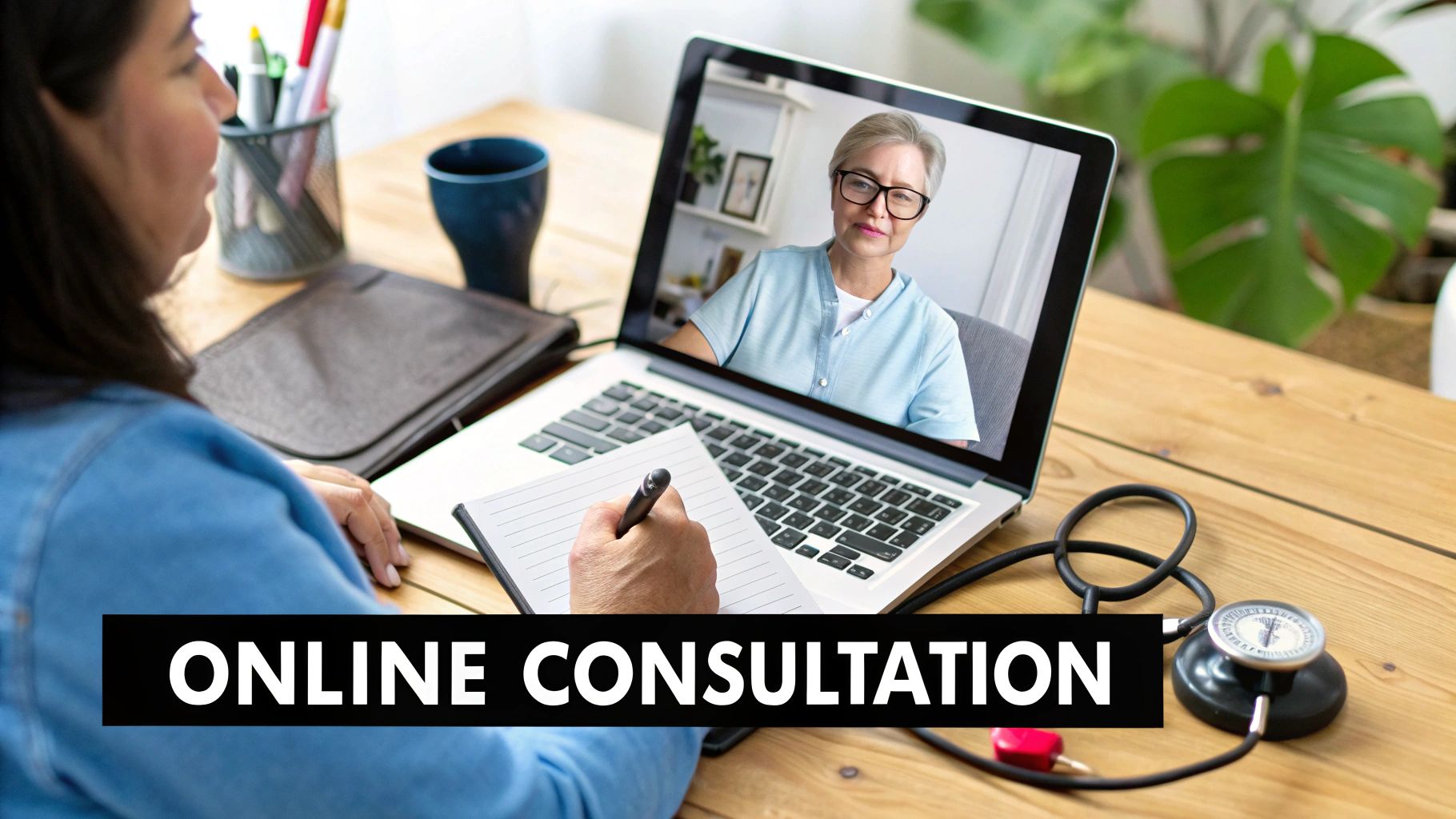 Woman taking notes during an online medical consultation with a female doctor on a laptop.