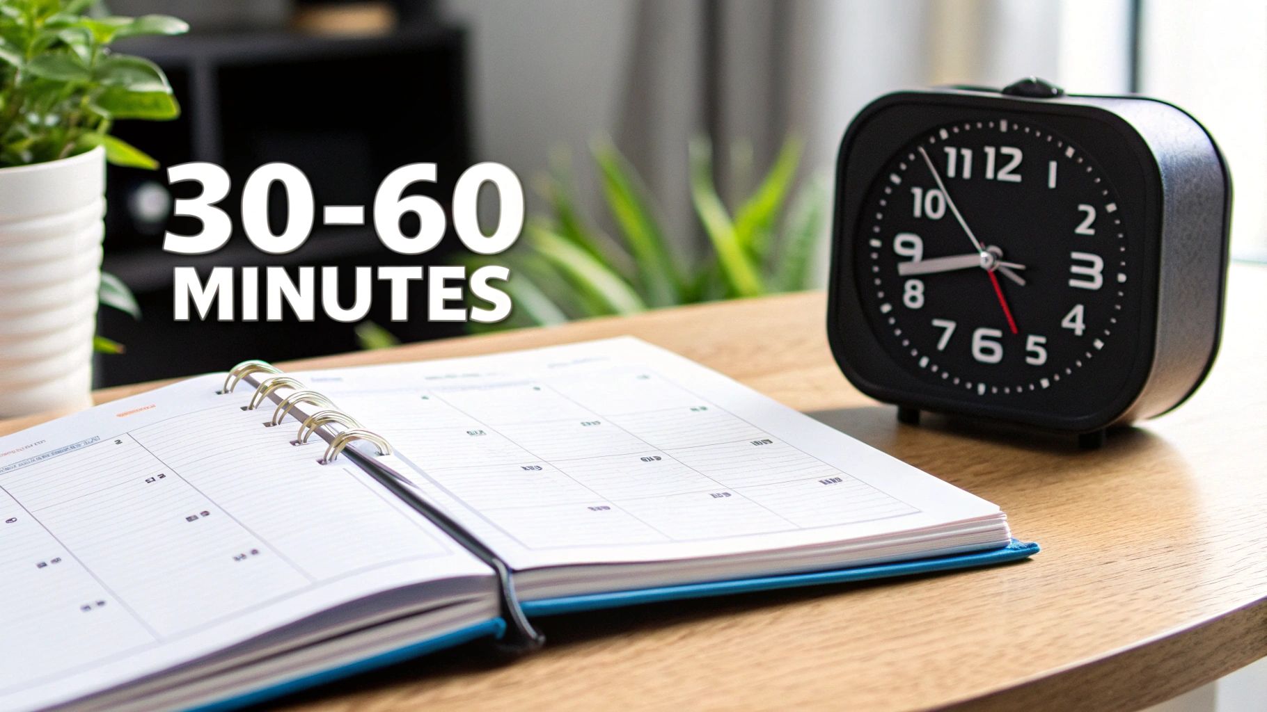 A desk with an open planner, alarm clock, and a plant, displaying '30-60 MINUTES'.