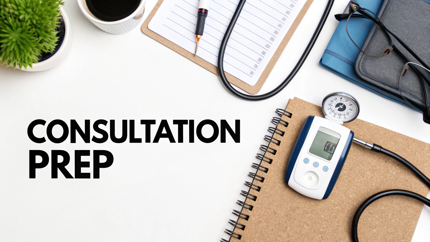 A flat lay of a doctor's desk with medical equipment and text 'CONSULTATION PREP'.