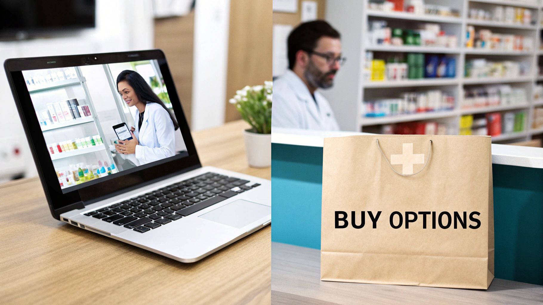 Split image showing a virtual pharmacy consultation on a laptop and a 'BUY OPTIONS' bag in a physical pharmacy.