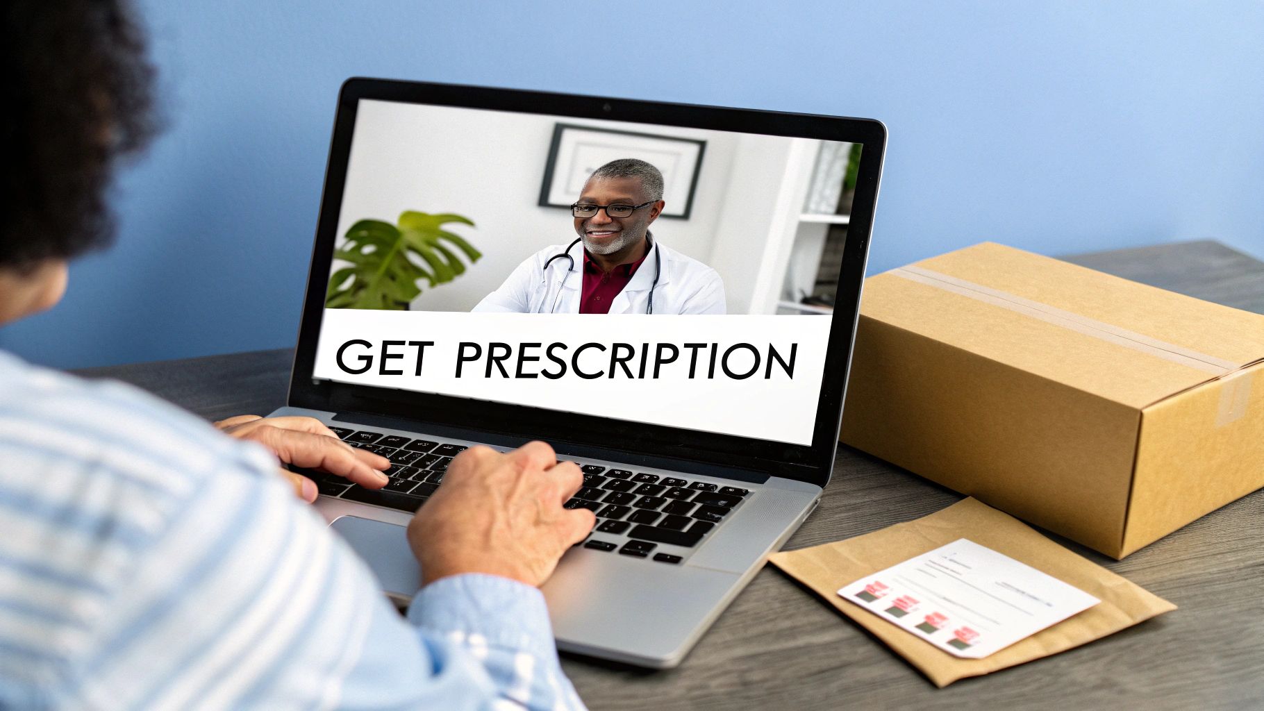 Patient on laptop screen with doctor, getting a prescription for home delivery.