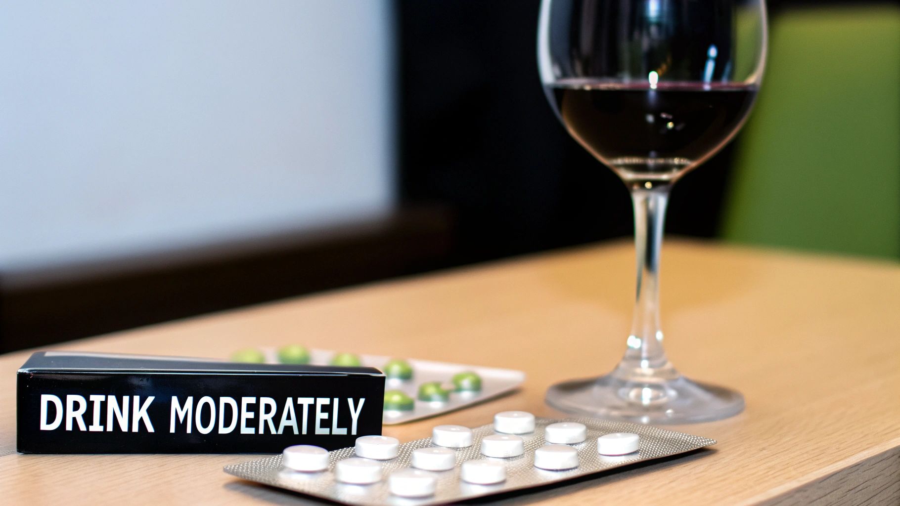 A glass of red wine, pill blister packs, and a box with 'DRINK MODERATELY' on a wooden table.