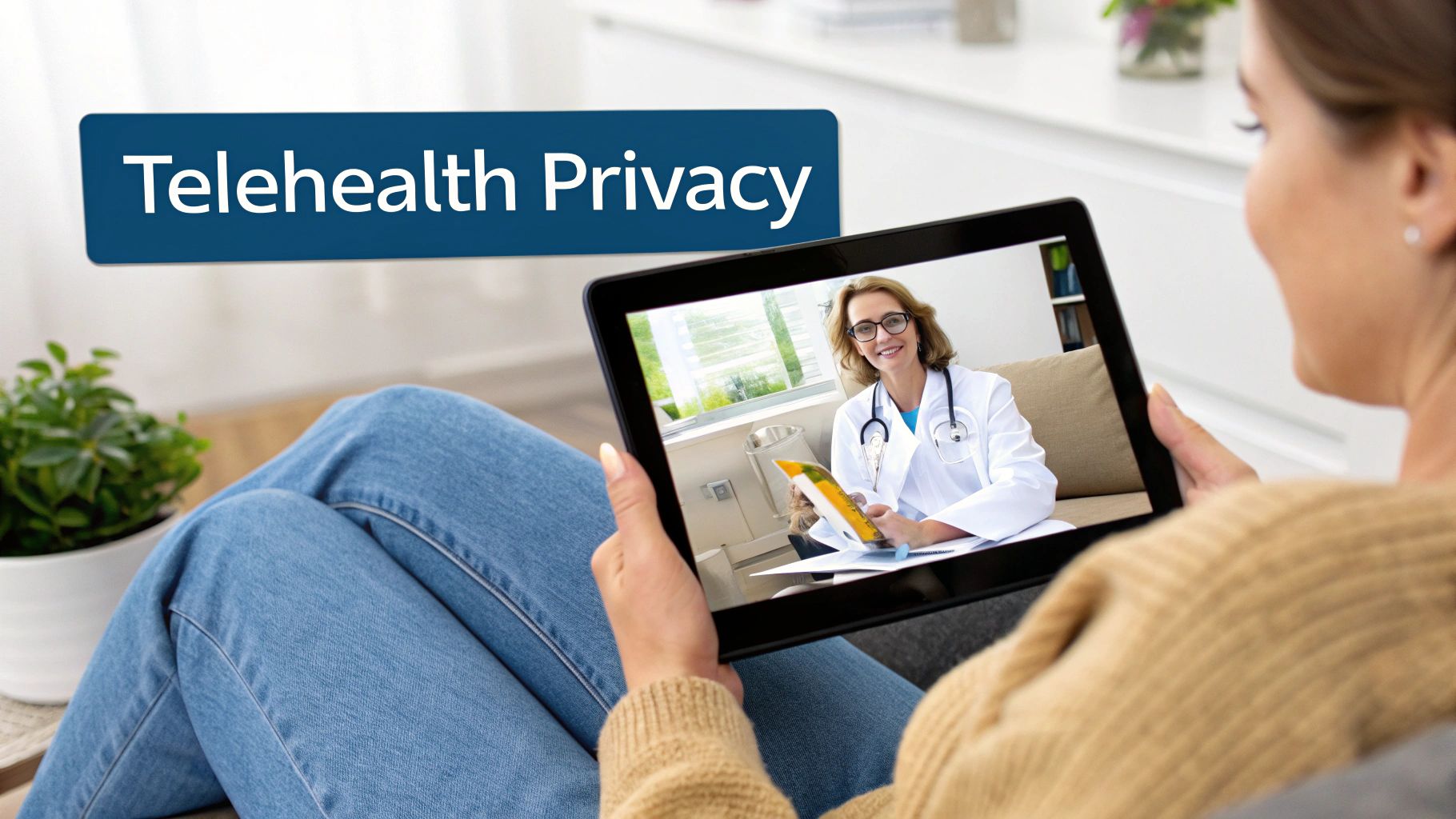 A woman having a telehealth video call with a doctor on a tablet, with 'Telehealth Privacy' text.