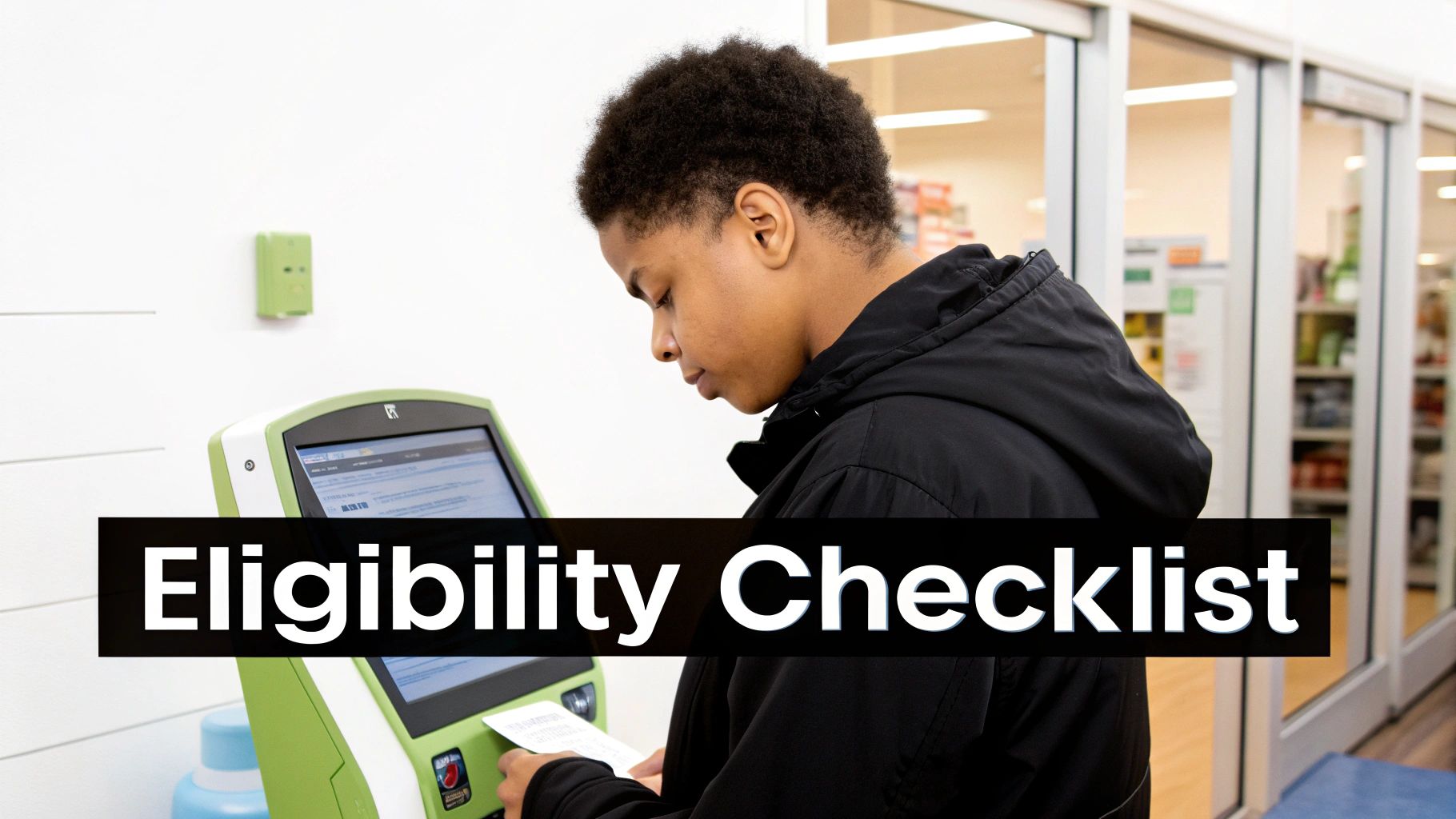 A young person interacting with a green self-service kiosk in a store, displaying 'Eligibility Checklist'.