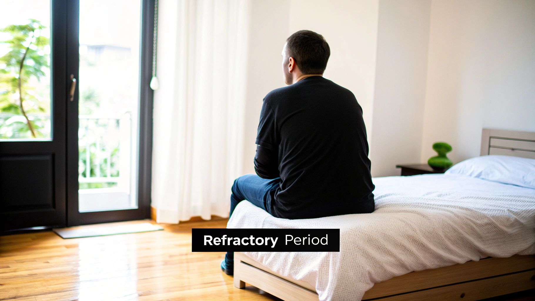 A man sits on a bed, looking out a large window or balcony door in a bright bedroom.