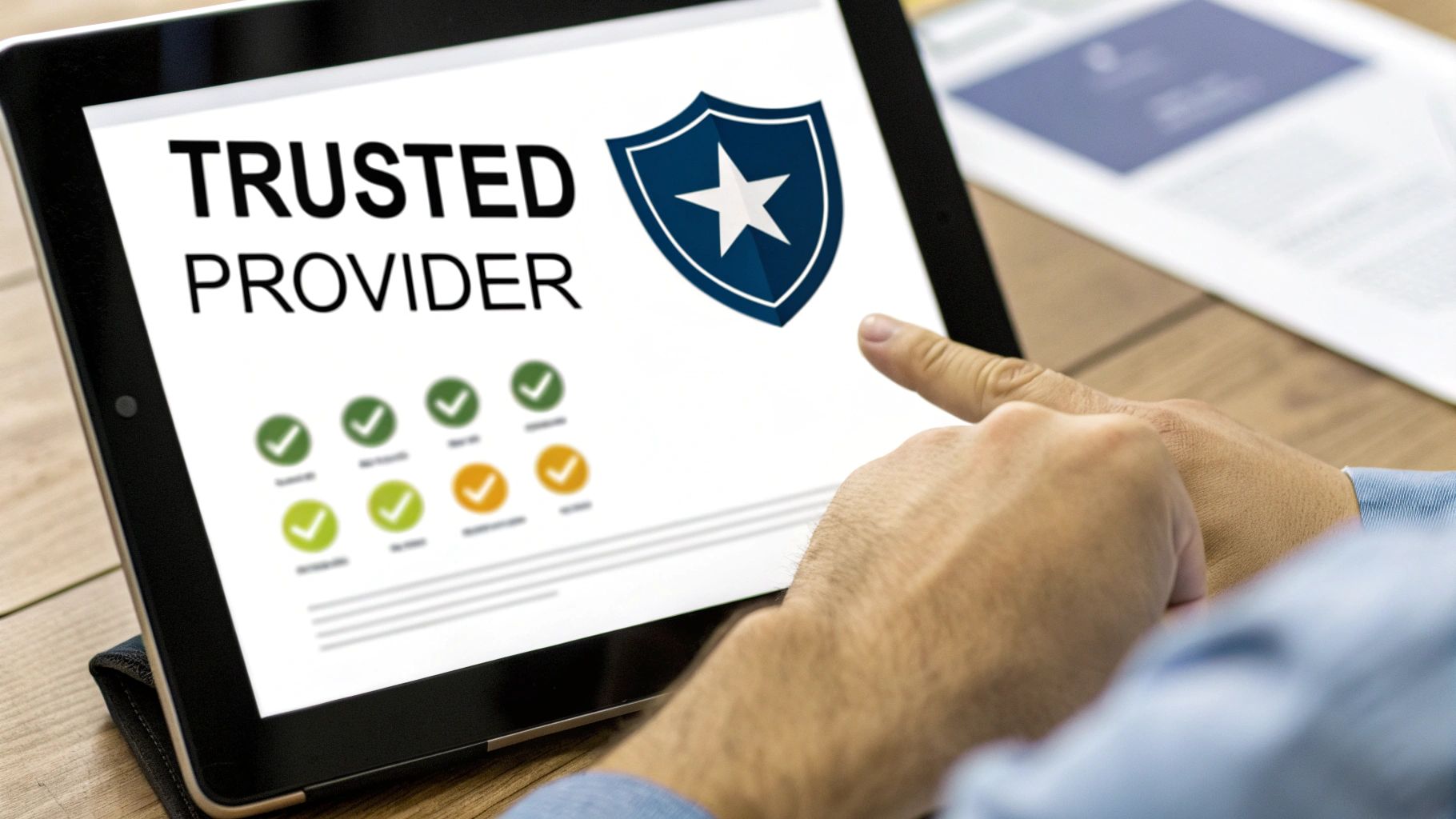 A person's hands point at a tablet displaying 'Trusted Provider' text, a shield icon, and checkmarks.