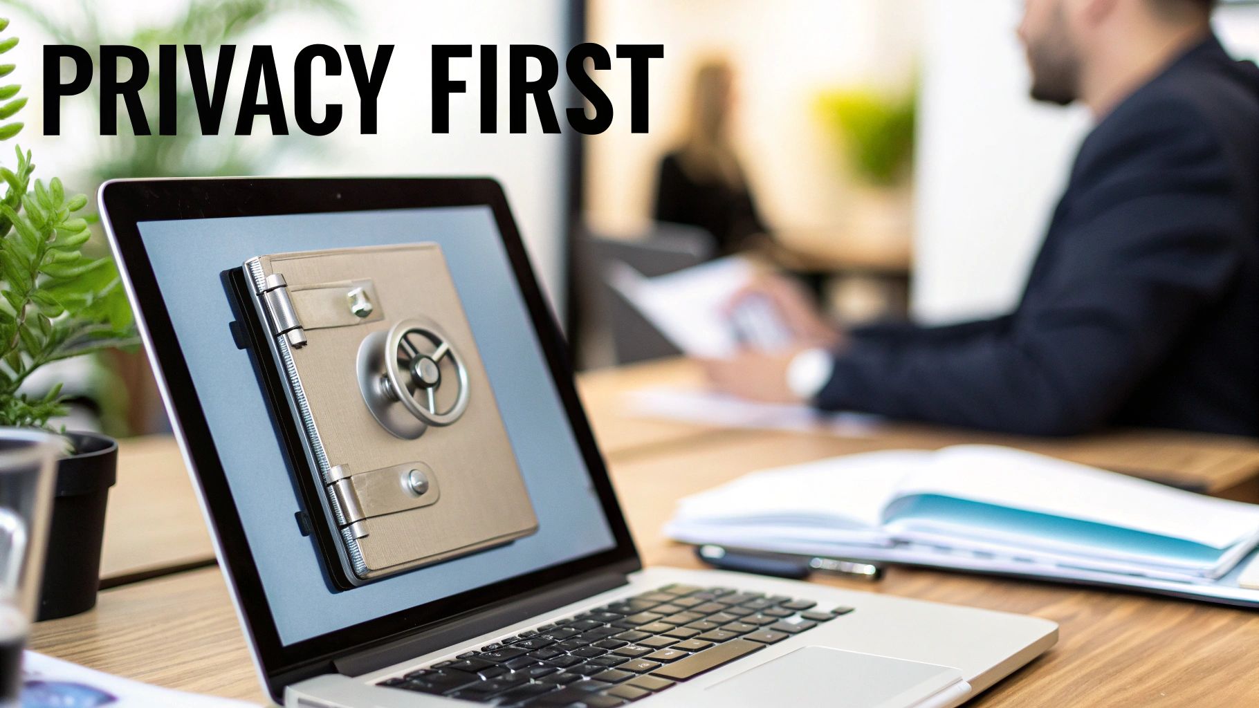 Laptop screen shows a safe, with 'PRIVACY FIRST' text, symbolizing data protection in an office.