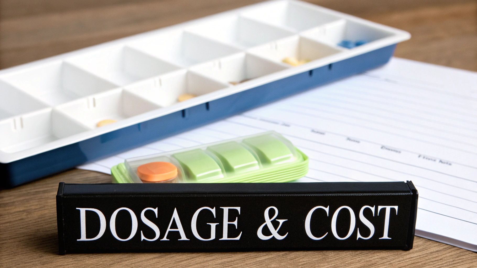 A black sign 'DOSAGE & COST' next to pill organizers and a medication tracking sheet.