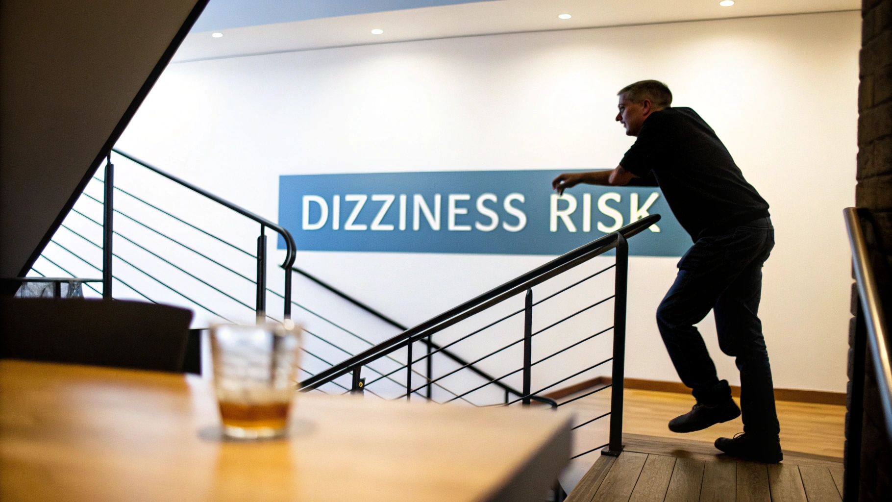 A man slowly ascends a modern staircase, holding the handrail, with a 'DIZZINESS RISK' sign.
