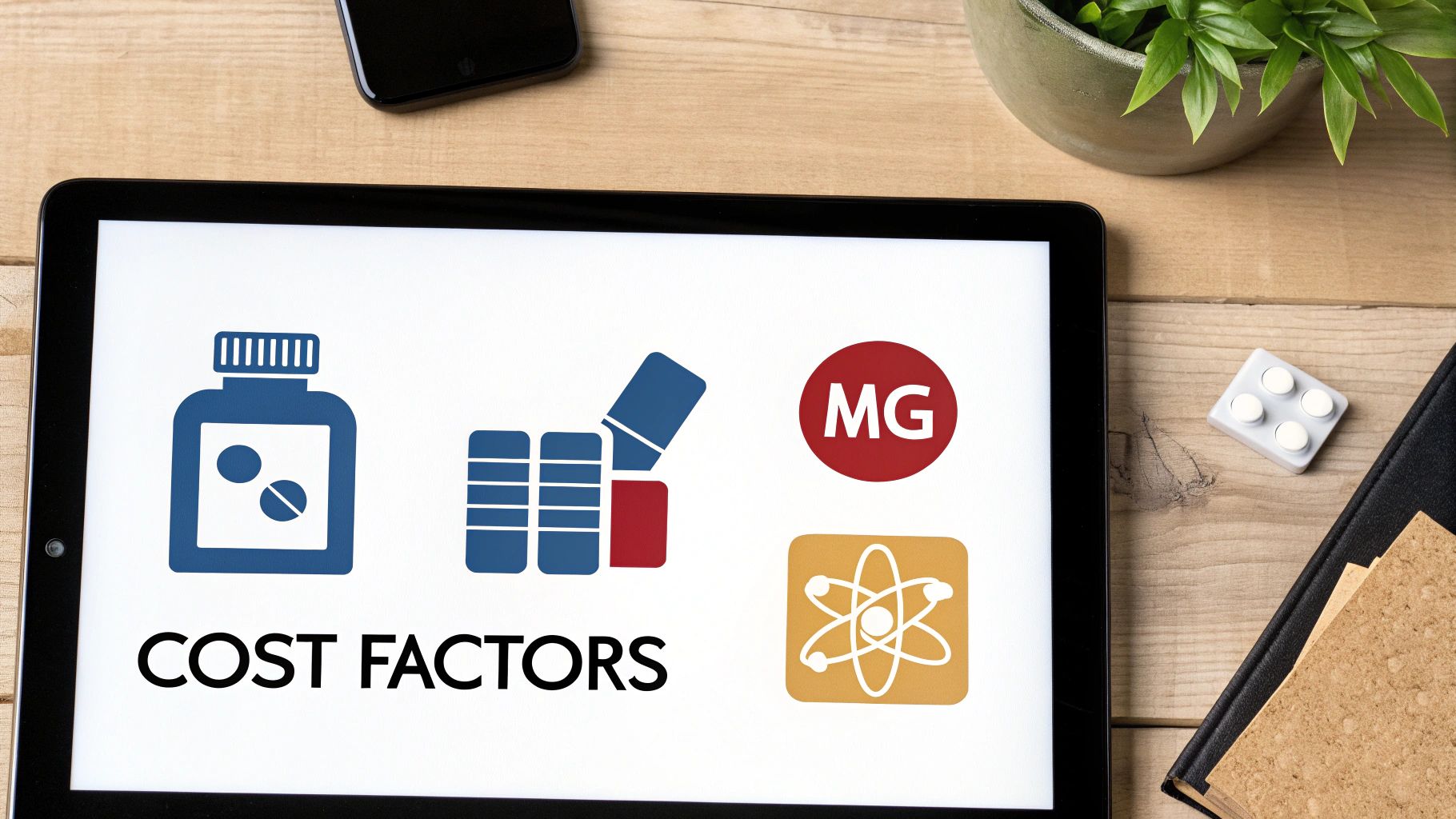 A tablet screen displays 'COST FACTORS' with icons for pills, dosage (MG), and an atom symbol.