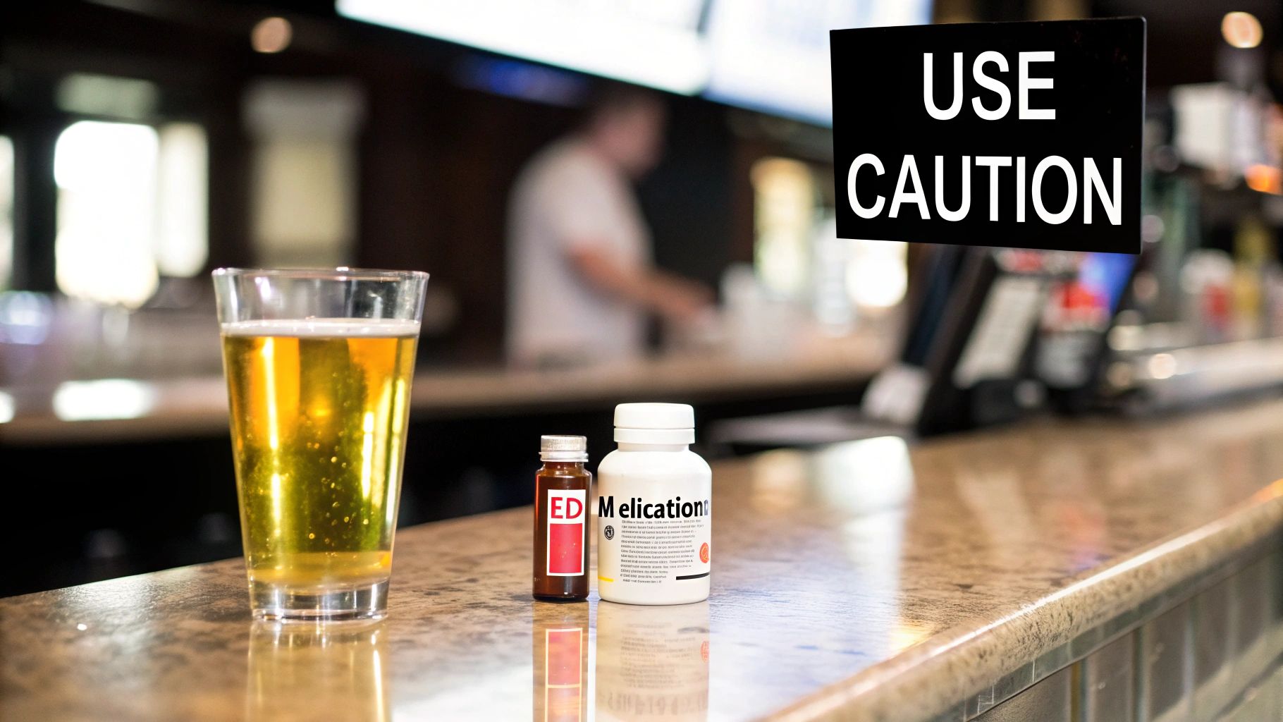 A glass of beer, two medication bottles, and a 'USE CAUTION' sign on a bar counter, highlighting alcohol and medicine risks.