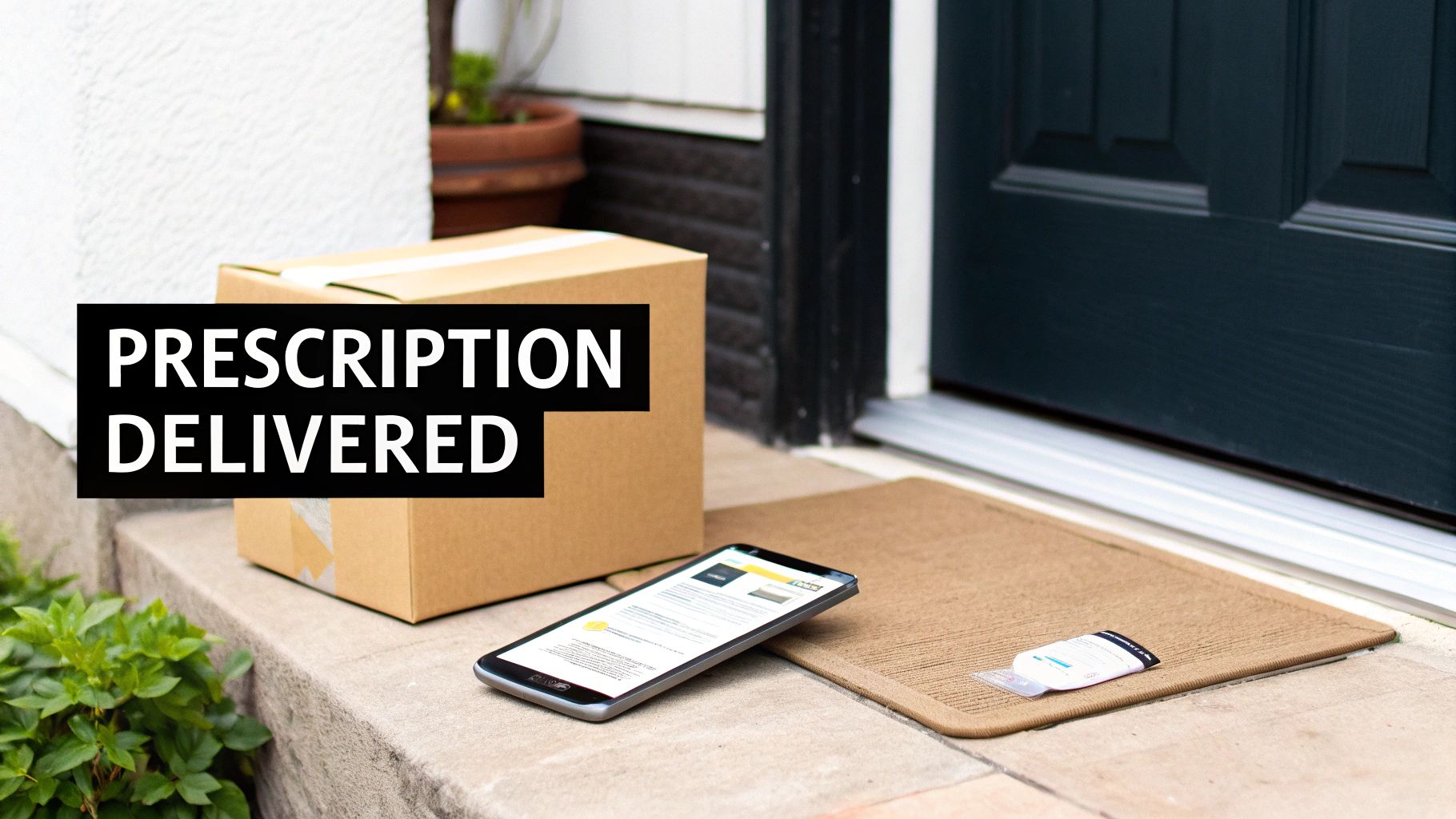 A delivery package and smartphone on a front porch, displaying 'PRESCRIPTION DELIVERED'.