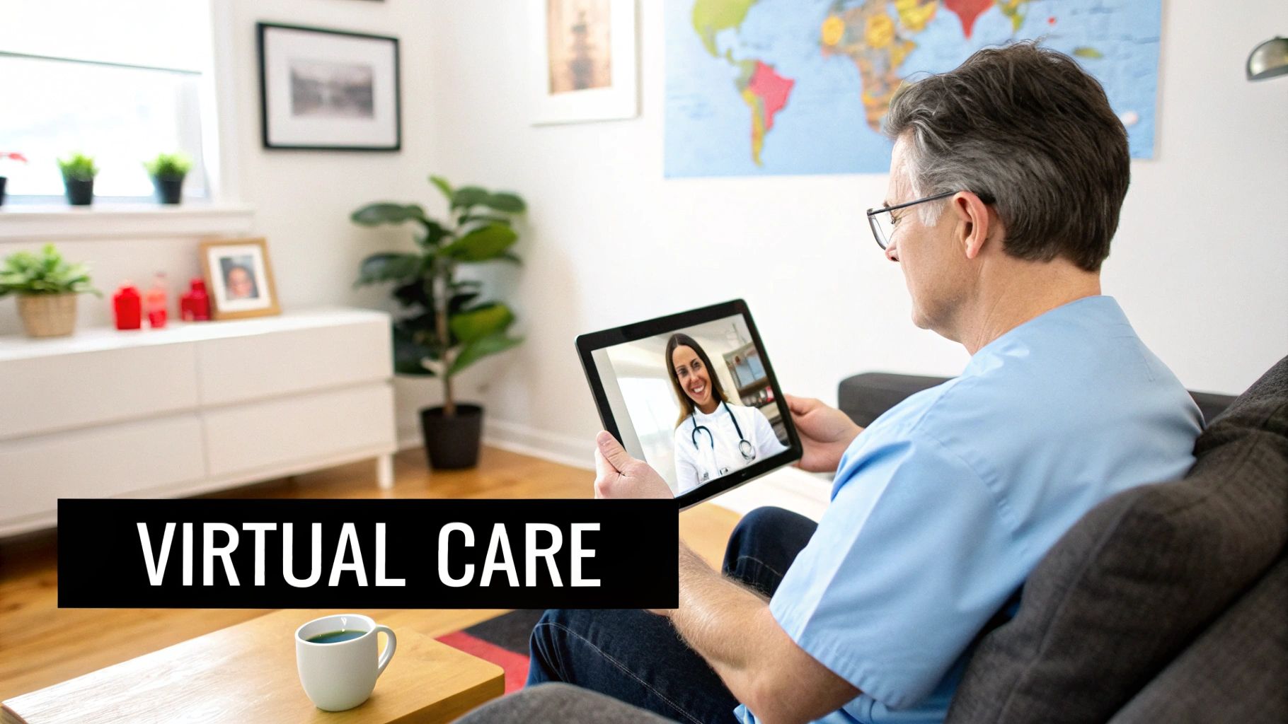 A man on a couch uses a tablet for a virtual care appointment with a doctor.