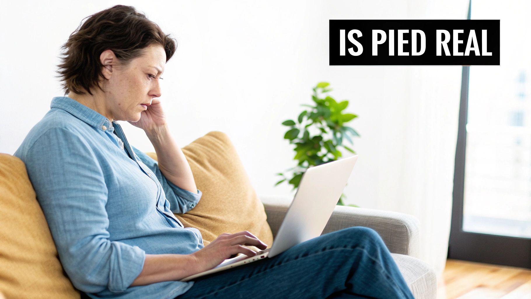A concerned woman sitting on a couch, focused on her laptop screen.