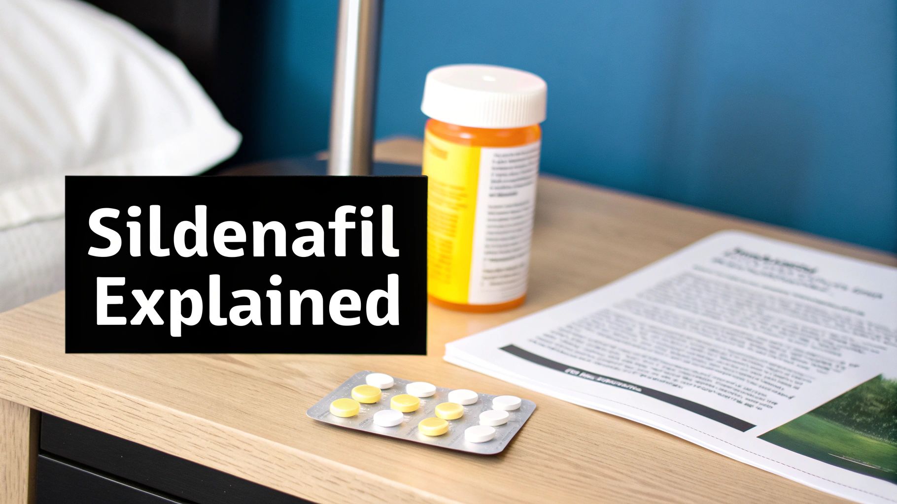 Sildenafil medication bottle with pill blister pack and prescription information on bedside table
