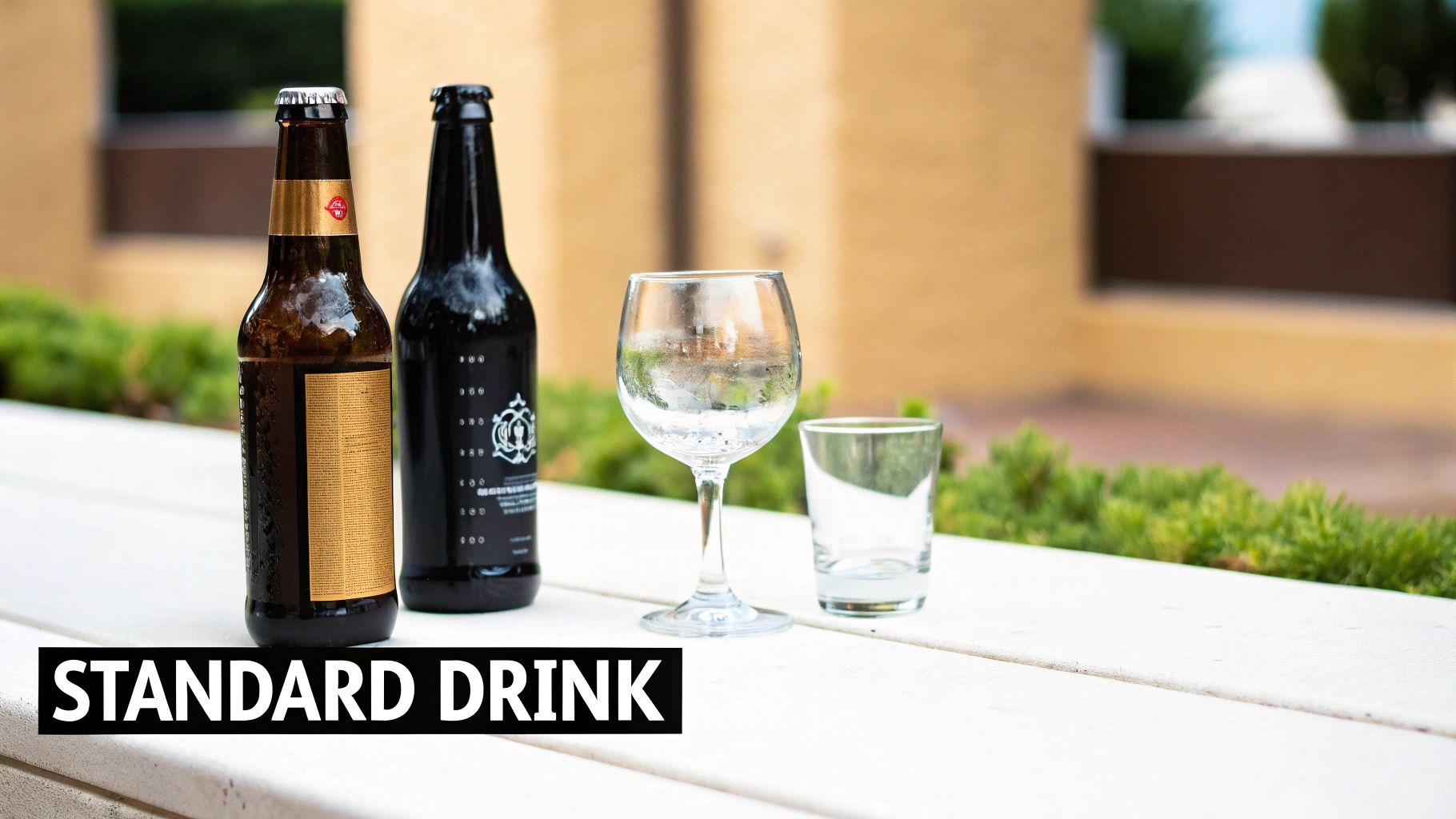 Two bottles of beer and two empty glasses on a white table outdoors, with 'STANDARD DRINK' text.