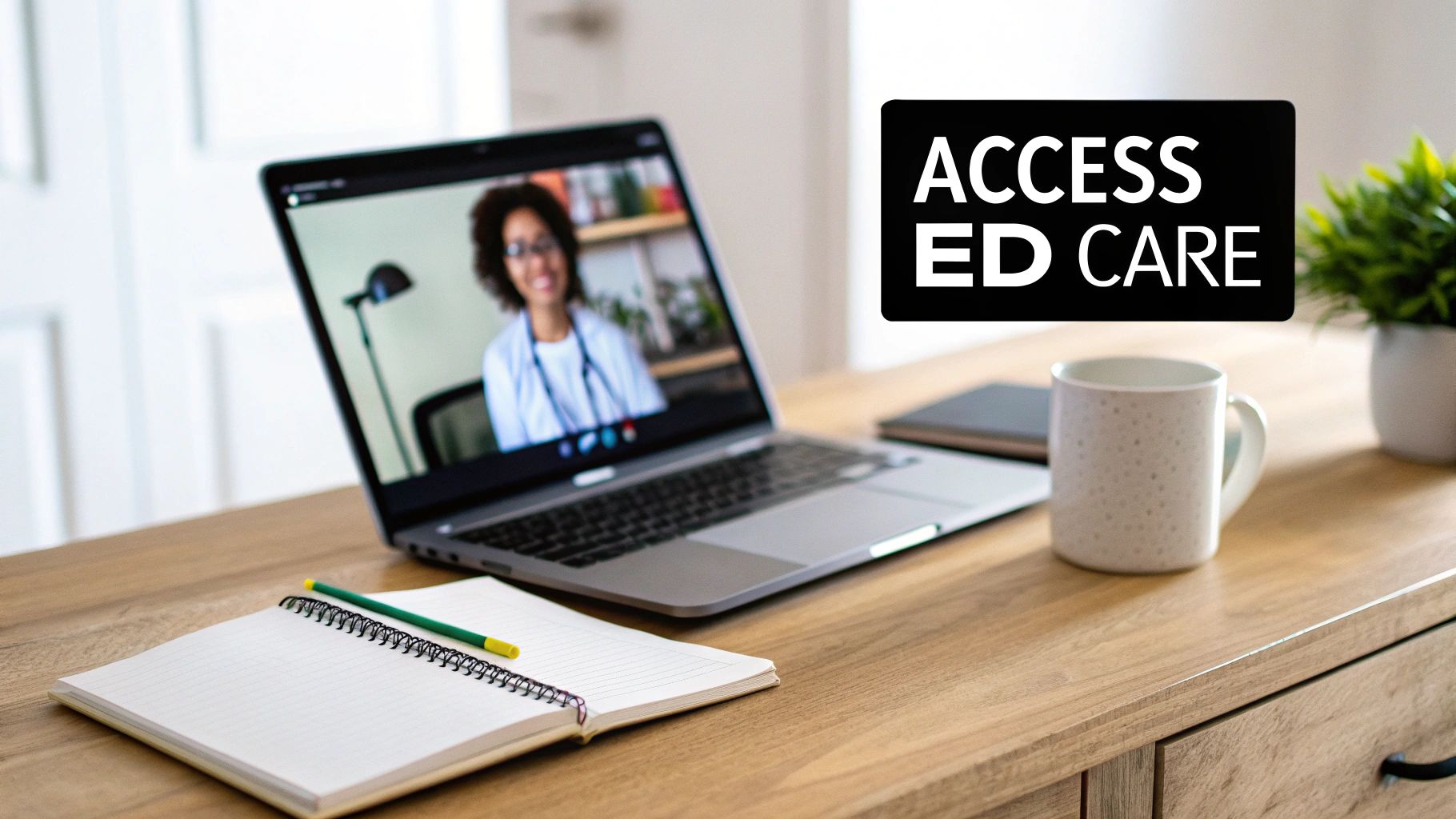 Laptop showing a doctor on a video call, with a notebook, pencil, coffee mug, and 'ACCESS ED CARE' text.
