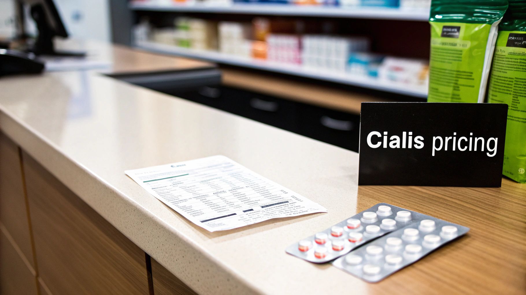 A pharmacy counter displays a "Cialis pricing" sign, a document, and two blister packs of pills.