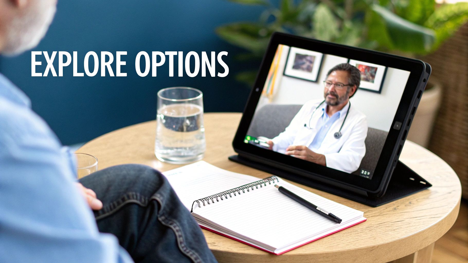 A person has a telehealth consultation with a doctor on a tablet, exploring options.