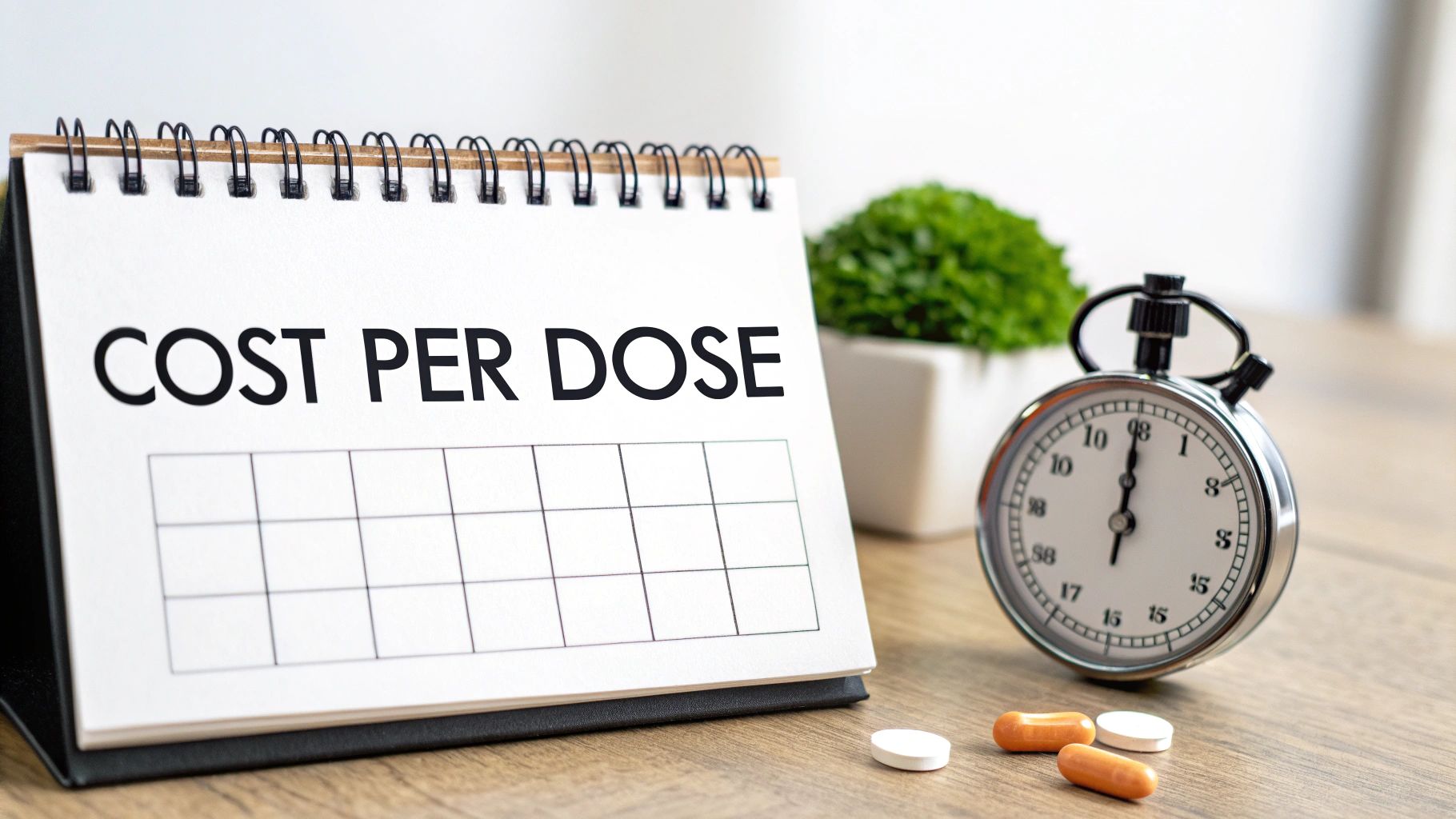 A desk calendar displaying 'COST PER DOSE' with a stopwatch and various pills on a wooden table.