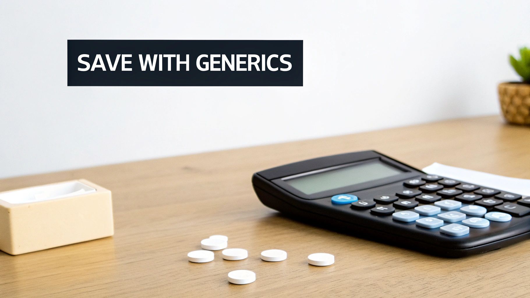 White pills, a calculator, and "SAVE WITH GENERICS" sign on a wooden desk.