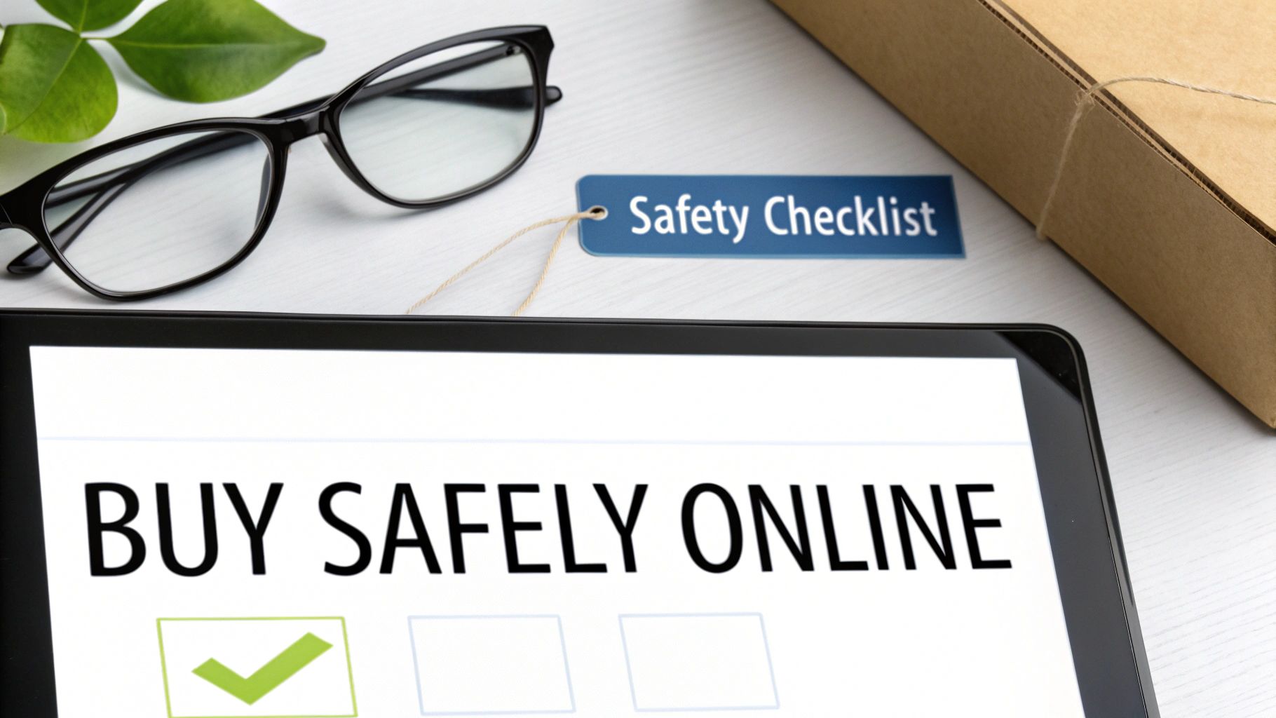 A tablet displays 'BUY SAFELY ONLINE' with a checkmark, next to a 'Safety Checklist' tag, glasses, and a package.