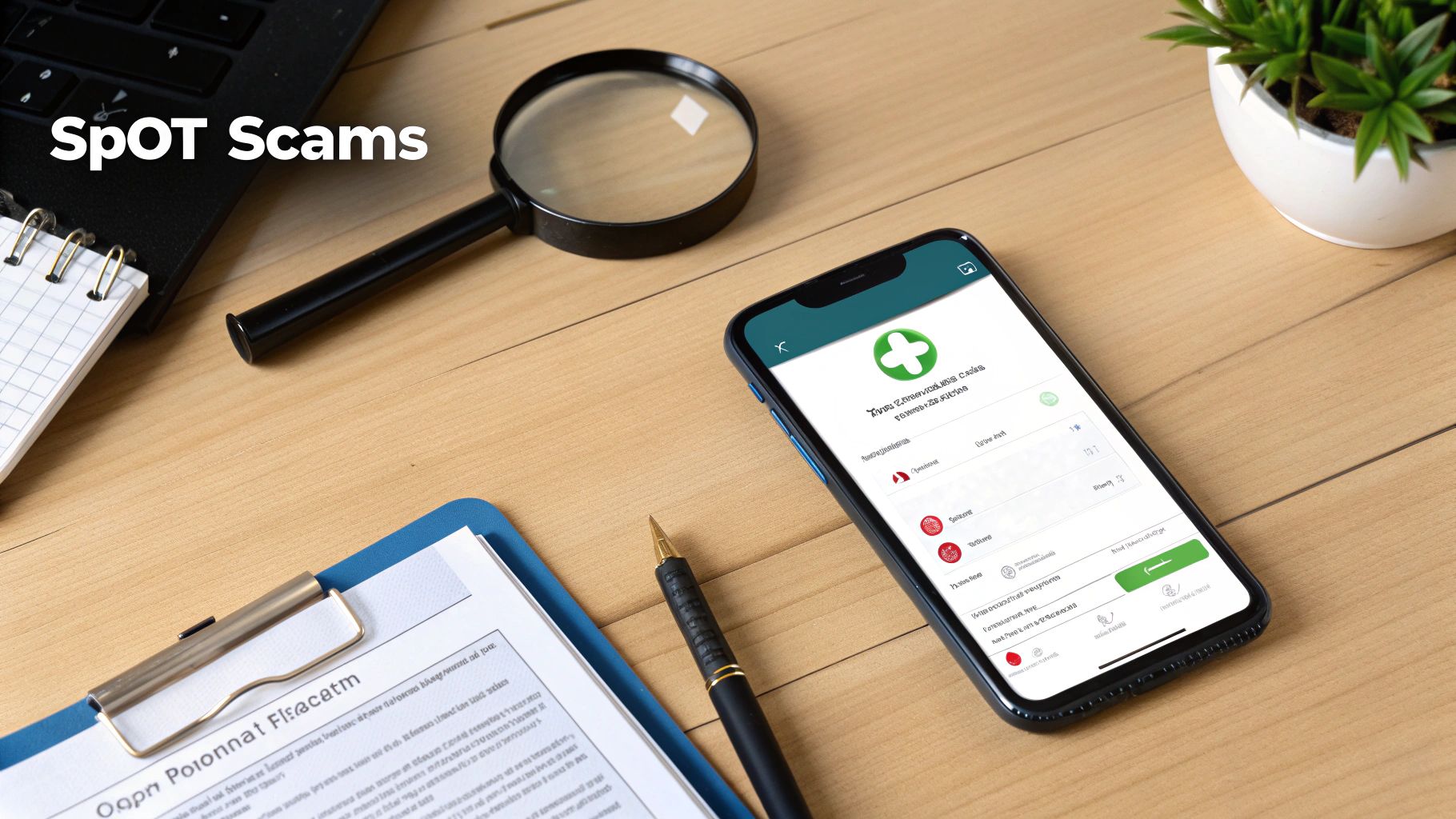 Smartphone displaying security app on desk with magnifying glass and documents for scam detection