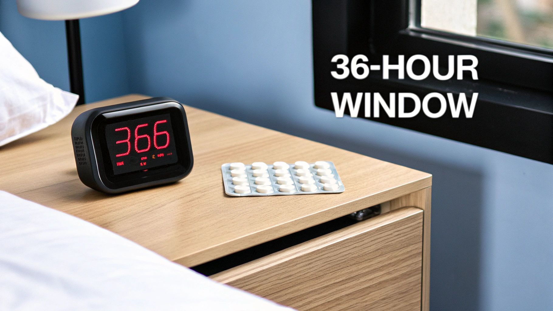 Digital clock showing 366 and a blister pack of pills on a nightstand, with '36-HOUR WINDOW' text.