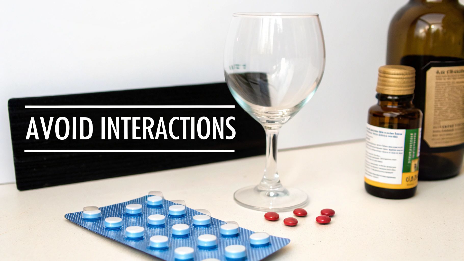 Medications, an empty wine glass, and bottles with a sign warning to avoid interactions for health safety.