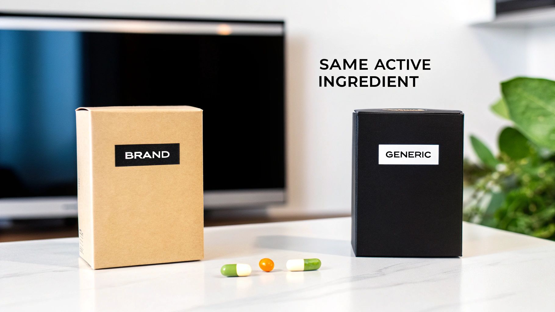 Two medicine boxes, one branded and one generic, with pills, emphasizing same active ingredient.
