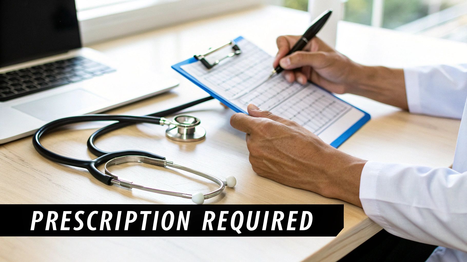A doctor in a white coat writing on a clipboard, with a stethoscope and laptop on the desk.