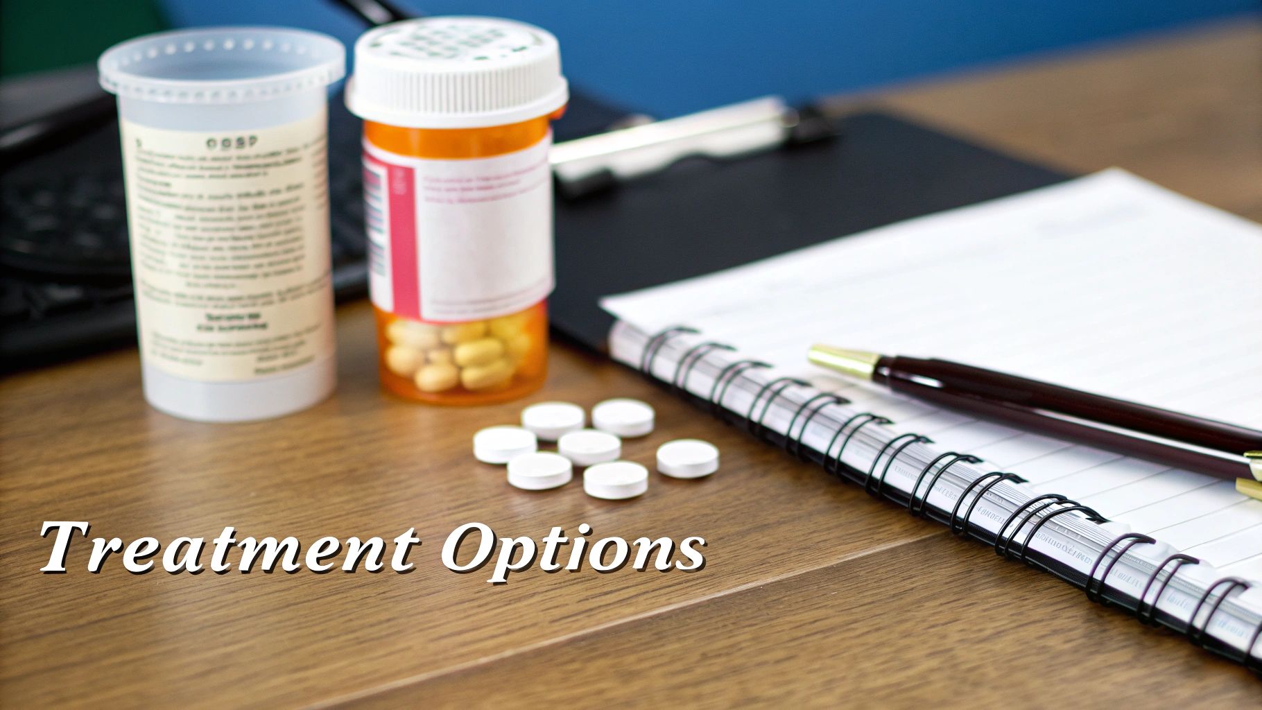 Pills and medicine bottles on a wooden desk next to a notebook, with 'Treatment Options' text.