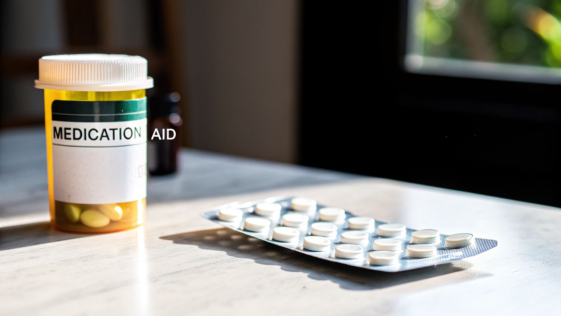 A yellow medication bottle labeled 'MEDICATION AID' sits next to a blister pack of white pills.