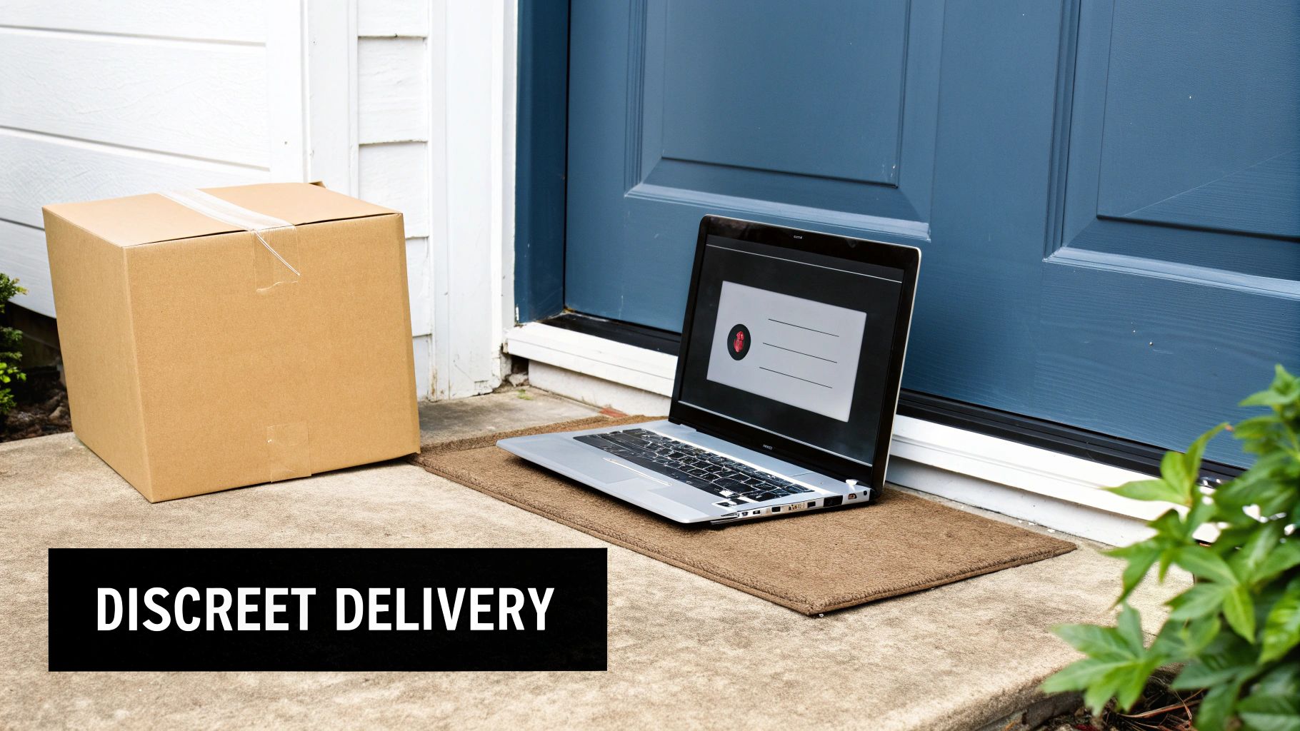 A brown cardboard box and an open laptop are on a doormat in front of a blue door, with text "DISCREET DELIVERY".