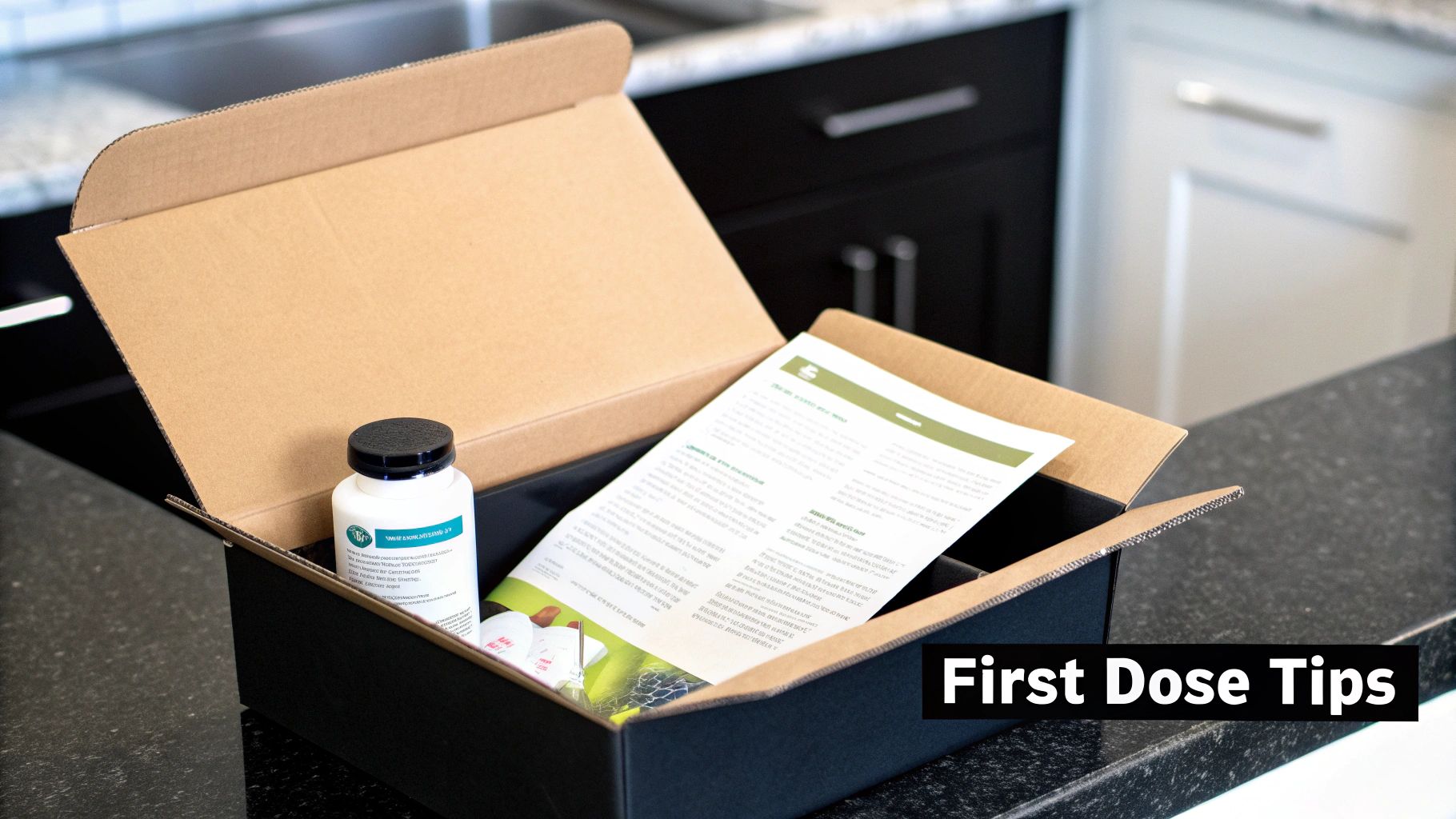 An open package containing a white medication bottle and an instruction leaflet inside.