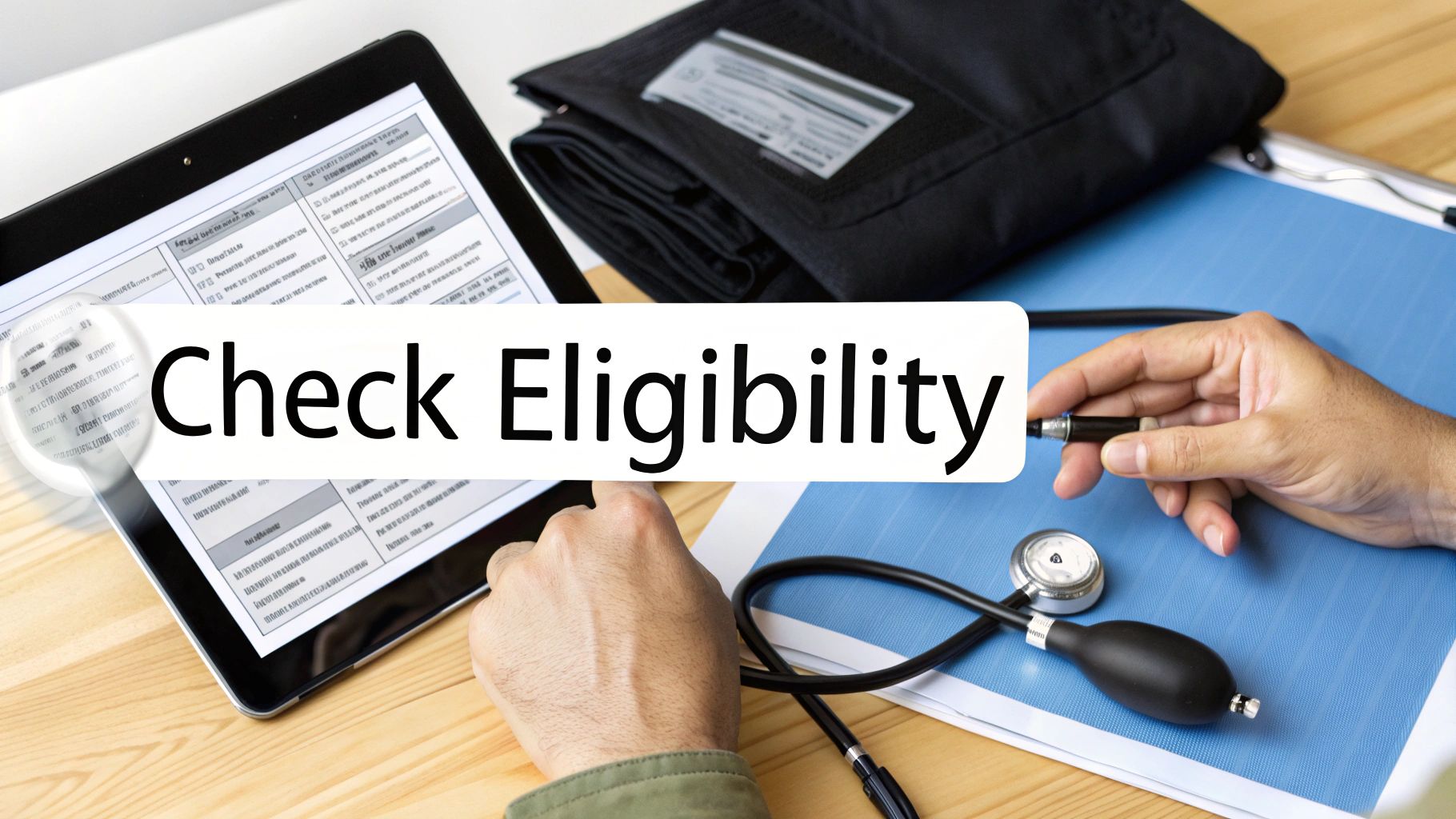 Hands interact with a tablet displaying forms and medical devices, overlaid with 'Check Eligibility'.