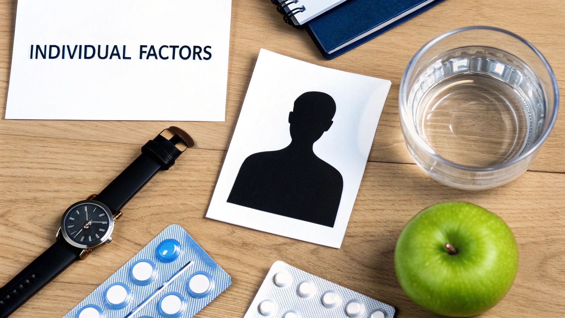 A flat lay shows a document 'INDIVIDUAL FACTORS', a person silhouette, watch, pills, water, and an apple on a wooden table.