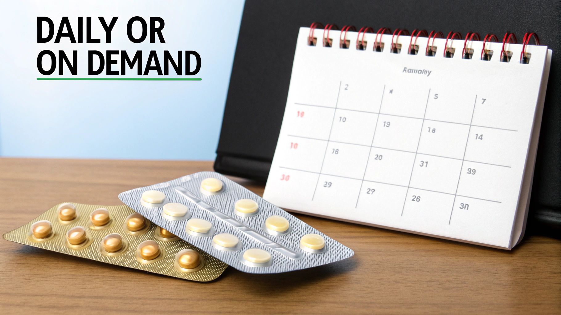 Pills in blister packs next to a calendar, emphasizing daily or on demand usage.