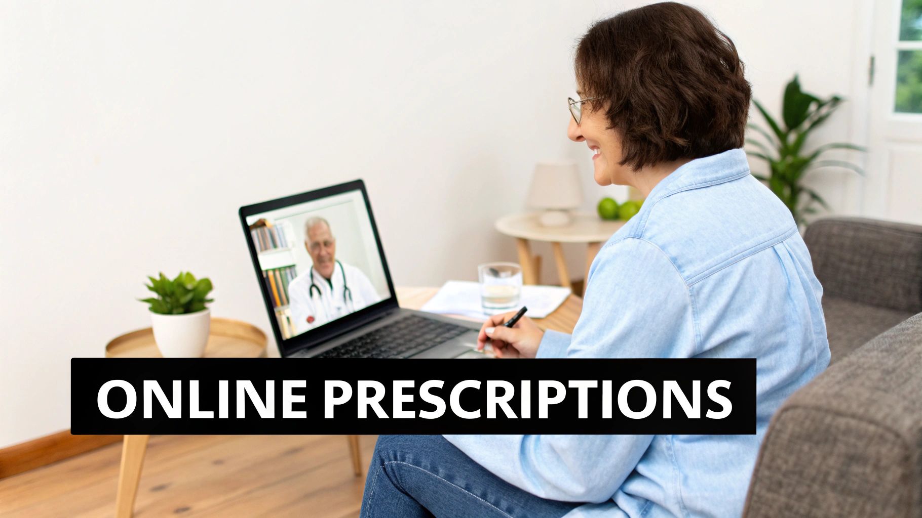A smiling woman consults with a male doctor via video call on a laptop for online prescriptions.