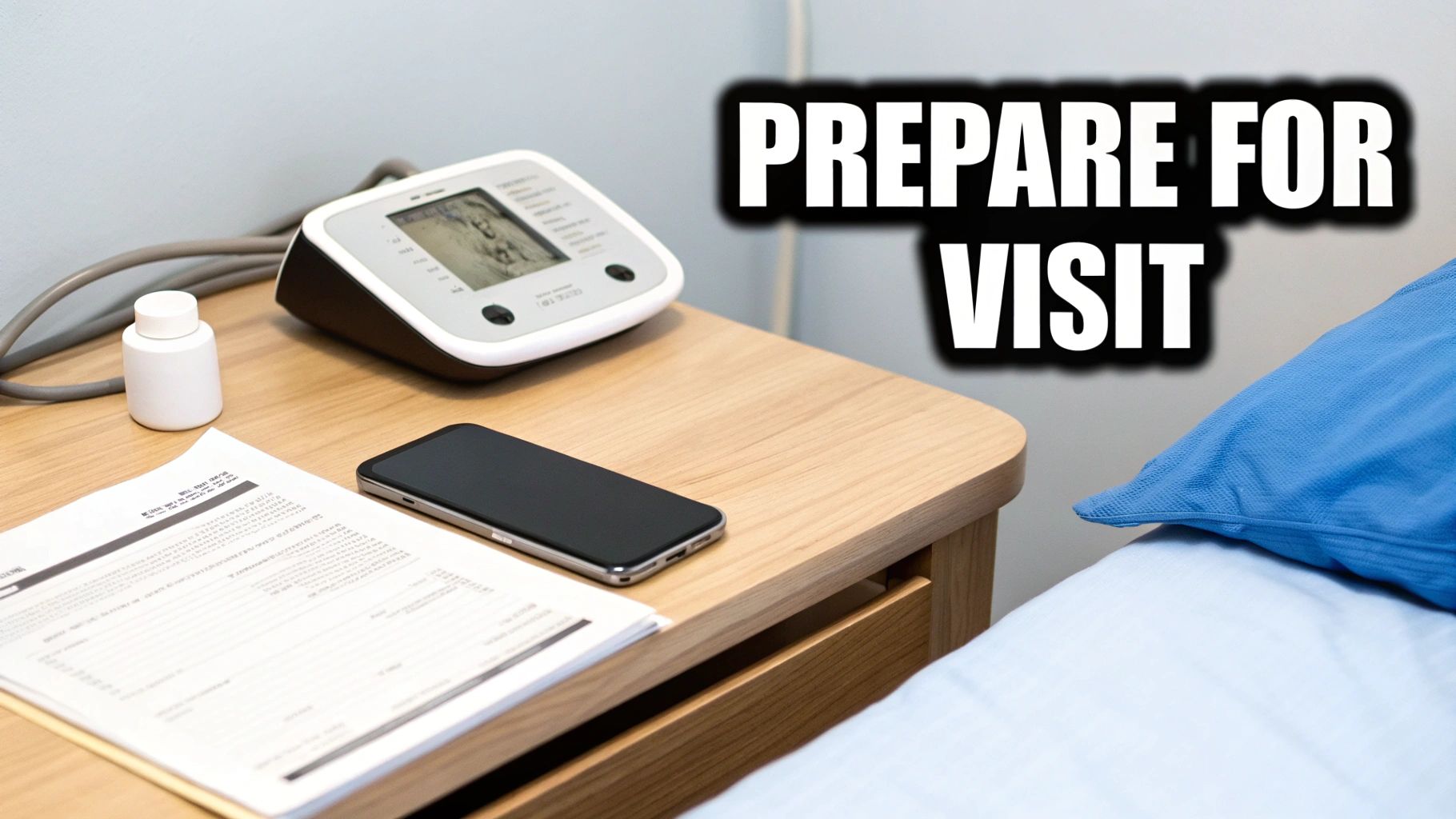 Medical supplies, including a blood pressure monitor, phone, and forms, on a bedside table.