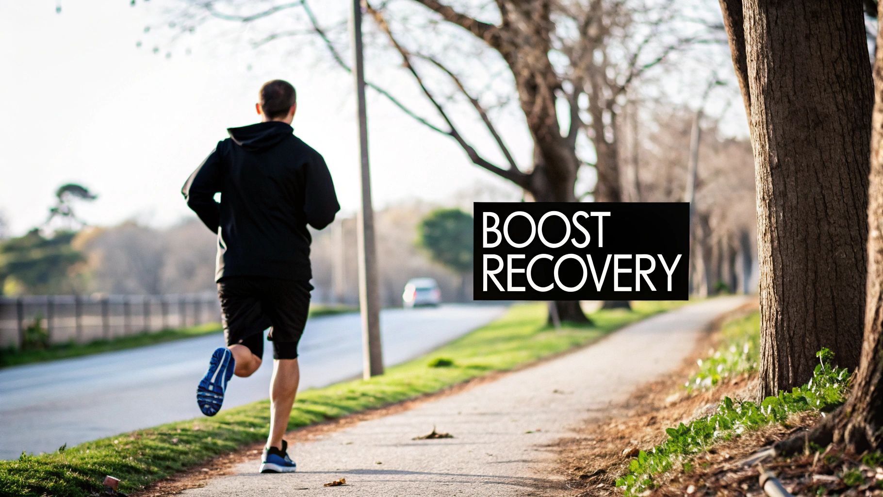 Rear view of a man jogging on a sunny path lined with trees, with 'BOOST RECOVERY' text overlay.
